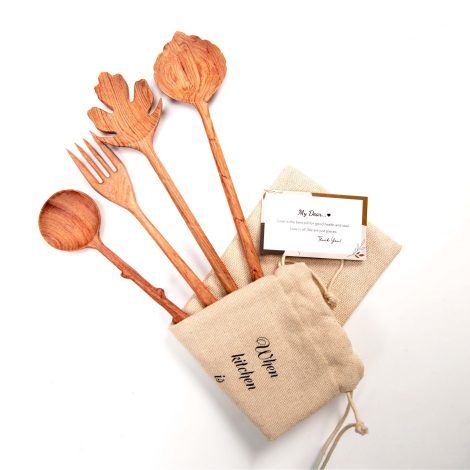 BVicHair’s Handcrafted Wooden Cutlery Set with Salad Spoons, Perfect Gift for Mothers, Unique Kitchen Accessories.