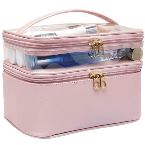 Valentines Day Gifts for Her Wife: Leather Double Layer Large Makeup Organizer Bag, an essential travel cosmetic bag.