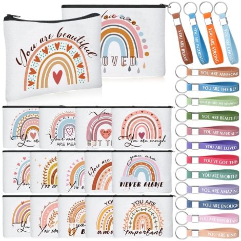 Bulk set of 32 motivational gifts for women, including colorful makeup bags and keychains. Perfect for teachers and friends.