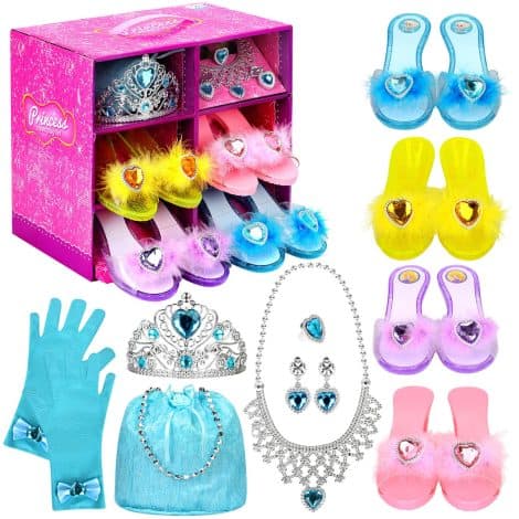 Get your little princess ready for magical adventures with this gift set of 4 pairs of role play shoes and pretend jewelry. Suitable for girls aged 3-6 years.