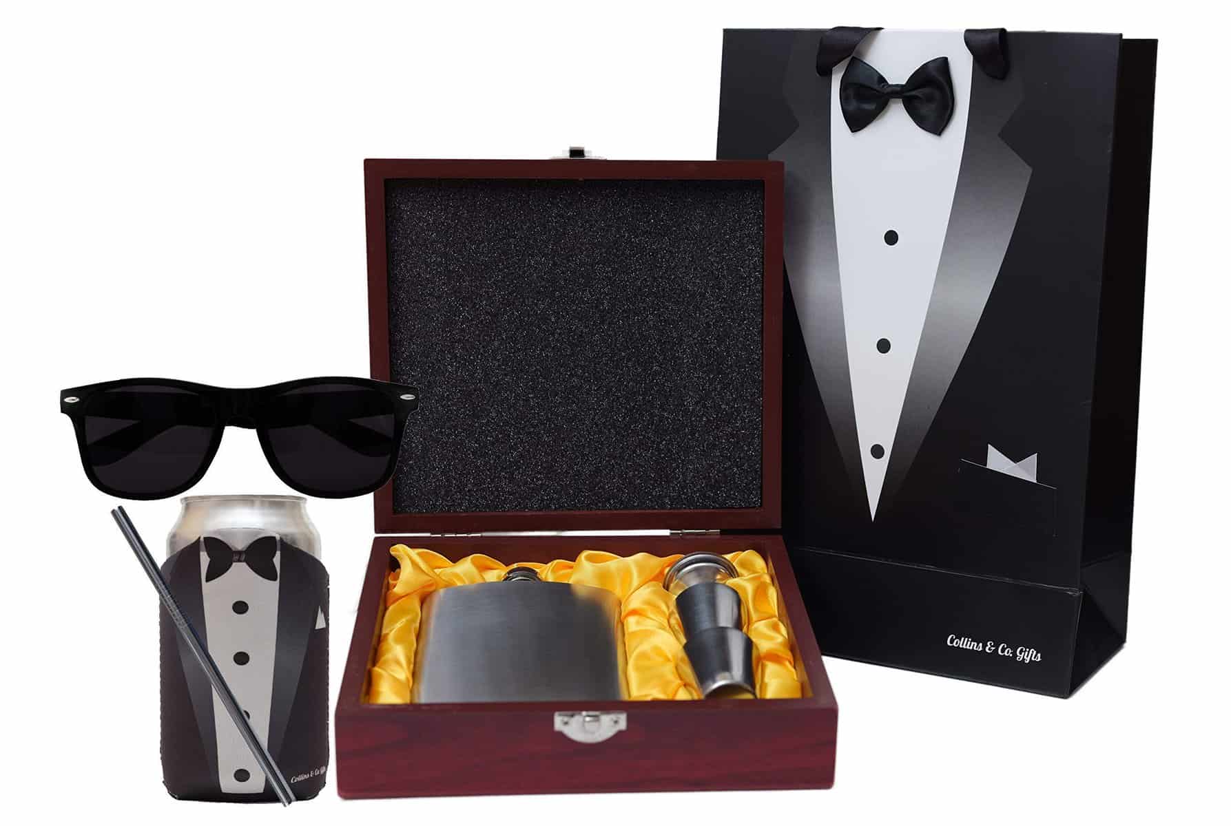 Collins & Co. Groomsmen Gifts Proposal Bundle - 5-Piece Wedding Party Set - Flask in Wooden Box, Custom Coozie Can Cooler, Unique Tuxedo Gift Bag for Goodies, Retro Sunglasses, Stainless Steel Straw