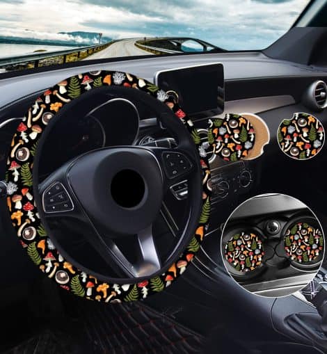 Fashionable and non-slip Mushroom Steering Wheel Cover, perfect for Indian women with 2 car coasters. Ideal gift for men!