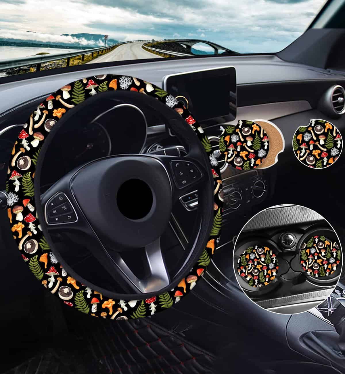 Mushroom Steering Wheel Cover For Women With 2pcs Car Coasters, Universal 15 Inches Funny Mushroom Pattern Steering Wheel Cover Fashion Non-Slip Suitable For Men Gifts