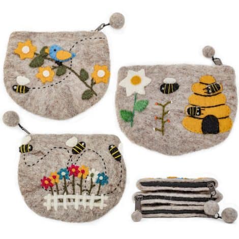 Handmade Fair Trade Bee Purse Pouch Set made of soft New Zealand wool. Perfect gift for women, gardeners, and best friends.