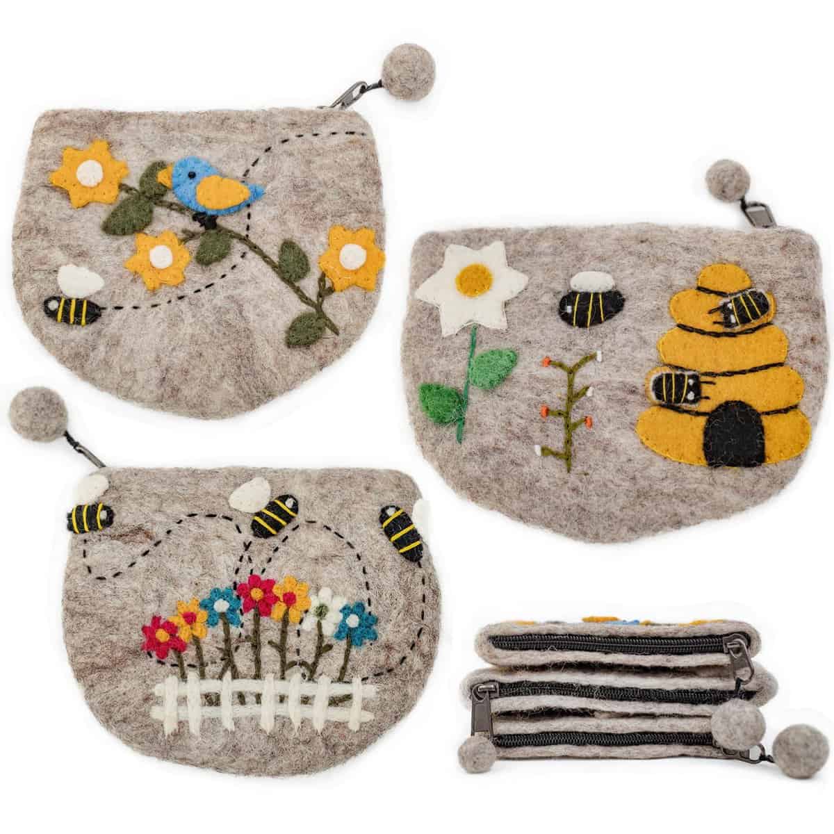 Simply Inspired Bee Purse Pouch Set – Small Cute Make-Up Pouch for Purse Organization | Fair Trade and Handmade from 100% New Zealand Wool | Cute Bee Gifts for Women, Gardeners, Bee Lovers or Besties, Grey, Small Soft Zipper Pouch