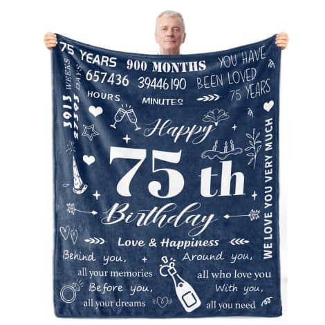 Gifts for men celebrating their 75th birthday, including decorations and a soft blanket for Dad, Husband, or Grandpa.