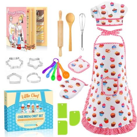 Toyze Birthday Gifts for 3-8 Year Old Girls – Adorable Apron Set with Chef Hat and Cookbook.