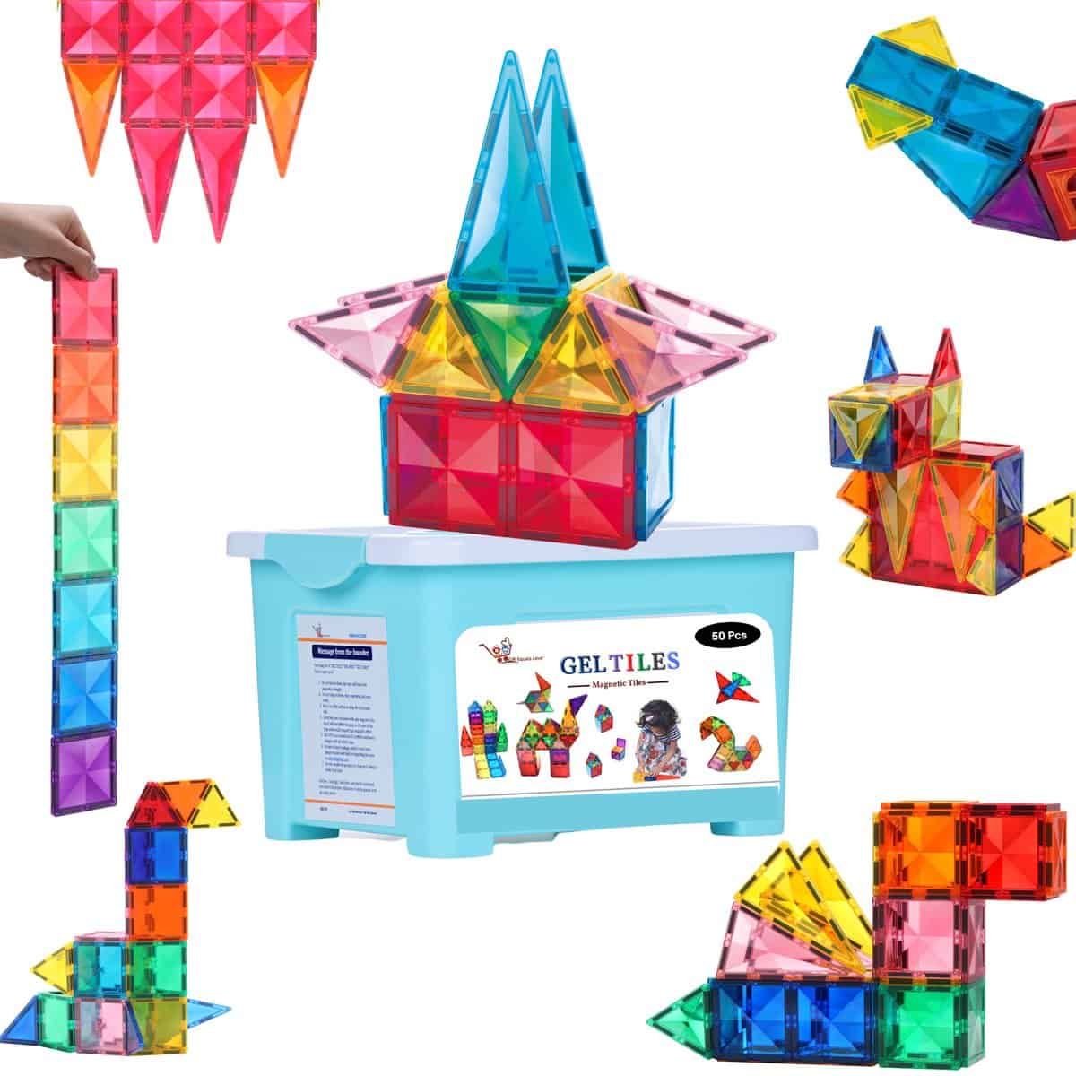 GELTILES - 50 pcs Set of Magnetic Building Tiles, Magna Constructing and Creative Learning Educational Next Generation Multicolor STEM Toy for Kids 3+ Boys and Girls with Storage Box