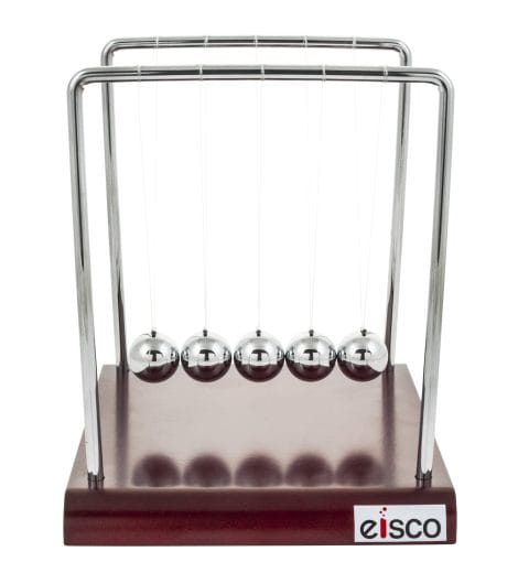 EISCO’s Newton’s Cradle – a perfect study aid and gift, featuring 5 steel balls on a polished wooden base, 18cmX15cmX17.5cm.