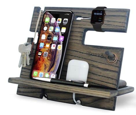 Wood Docking Station with Farmhouse Decor: Organize phone, wallet, watch, keys, and charge devices. Perfect bedside caddy! Ideal gift for men.