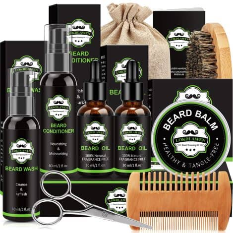 Complete beard care set for Indian men, including wash, conditioner, oil, balm, brush, comb, scissors, bag, e-book – perfect gift.