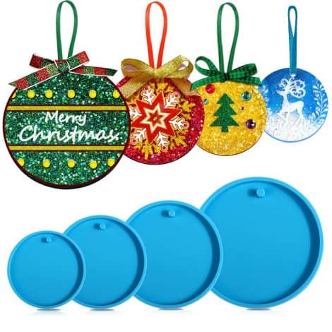 Juome Christmas Ornaments Resin Molds Silicone – 4 Pcs Round-shaped Pendant Molds for Epoxy, Ideal for DIY Crafts and Keychain Making, Perfect for Decorating Christmas Trees.