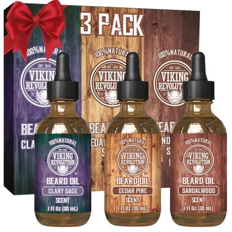 Viking Revolution’s top offer: Beard Oil Conditioner 3 Pack – Natural Variety Set (Sandalwood, Pine & Cedar, Clary Sage) to nourish and style your beard, ideal for gifting!