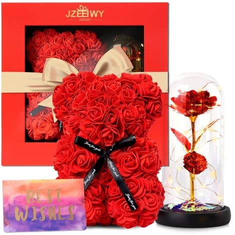 Delicate Gold-Red Rose Bear and Rose Flowers Gift with Light, in a special Gift Box. Perfect for Valentine’s Day, Mother’s Day, and more!