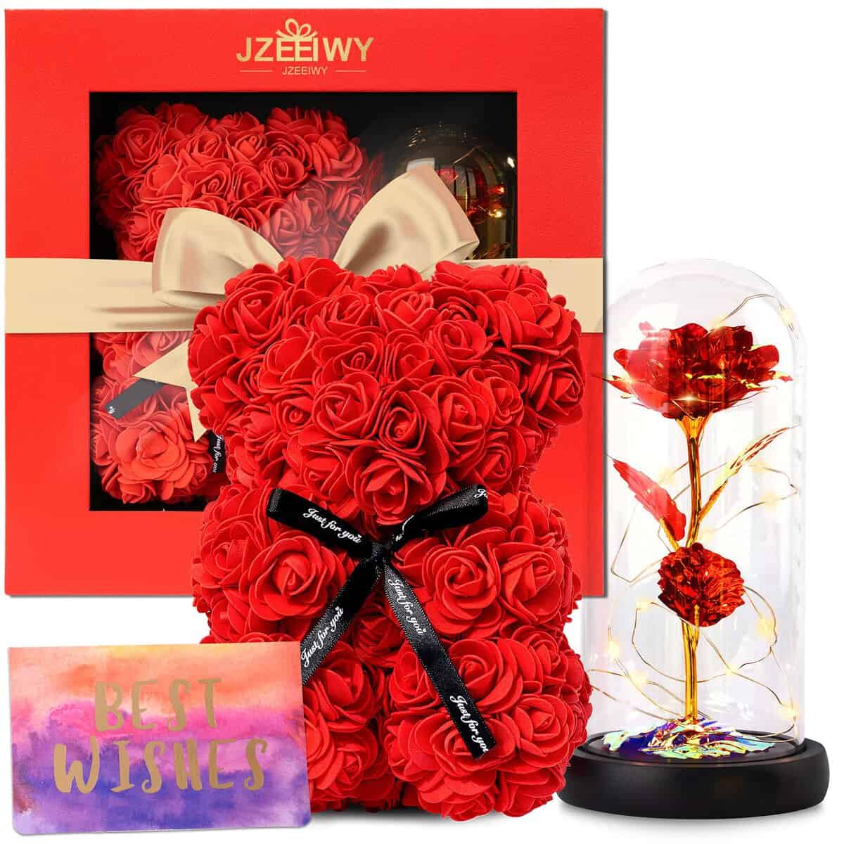 JZEEIWY Rose Bear and Rose Flowers Gift, Light Up GoldRed Rose with delicate Gift Box,Women Gifts Ideas for Valentine's Day, Mother's Day, Thanksgiving Day, Birthday, Anniversary On Any Occasion (Red)