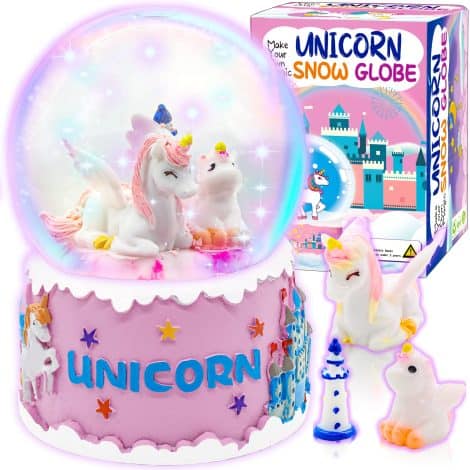 YOFUN Unicorn Snow Globe Kit: Create your own magical snow globe with rainbow lights and music, perfect for young girls aged 5-10.