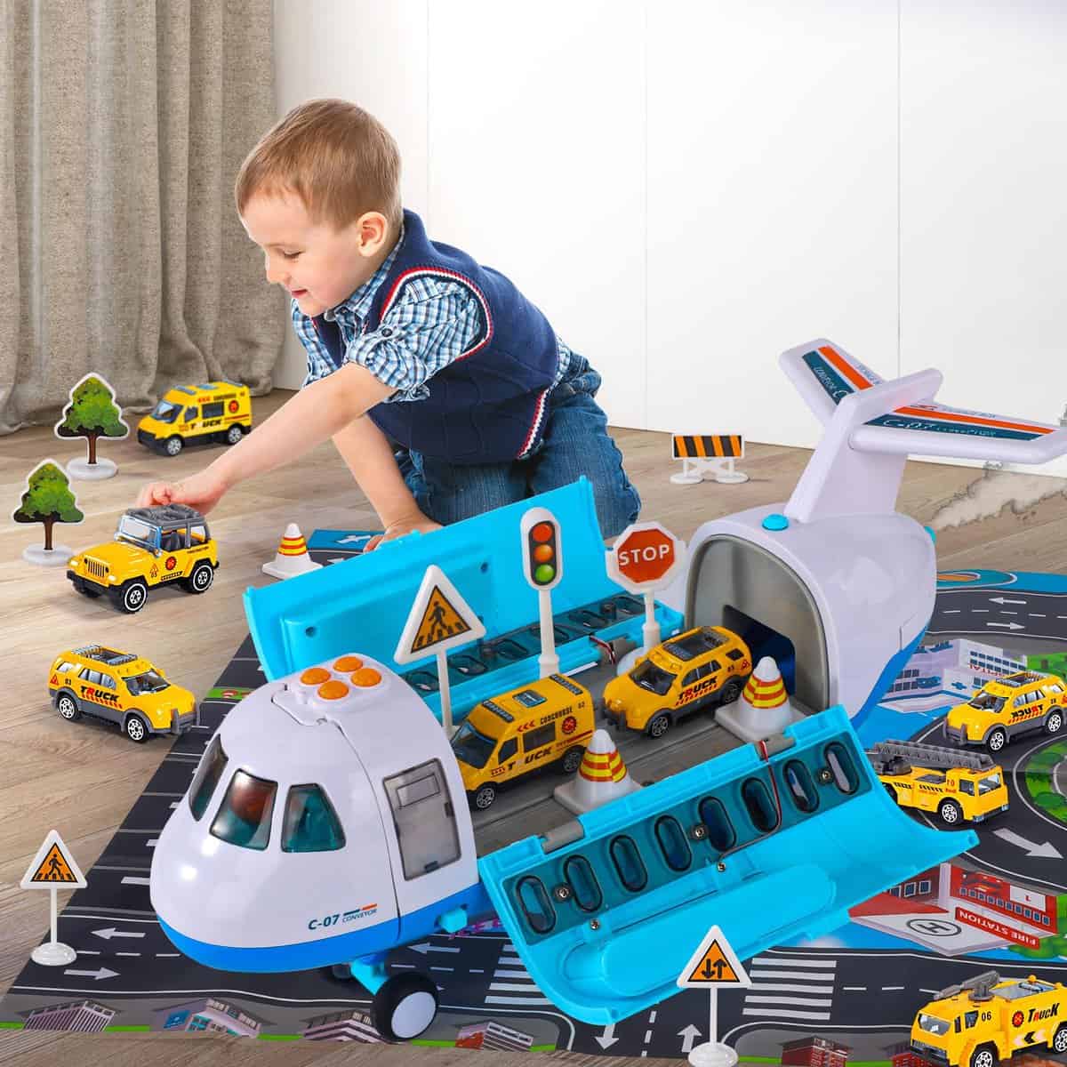 iHaHa Boy Toys Gifts for 2 3 4 5 6 Year Old, Airplane Toy with Smoke, Light & Sound, 16 Inches Big Transport Cargo Airplane Toy with 6 Construction Vehicle Trucks, Fricton Powered Airplane Toys