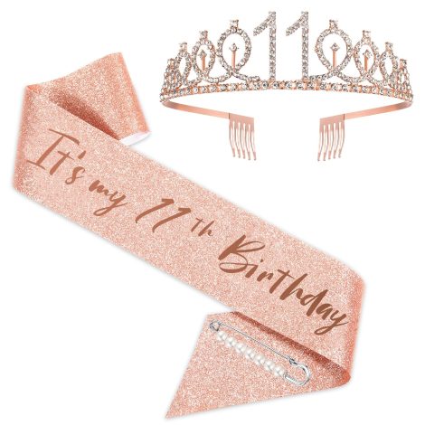 Eleventh birthday celebration essentials: Rose Gold Sash Crown, 11 & Fabulous Sash, perfect gifts for joyous occasion.