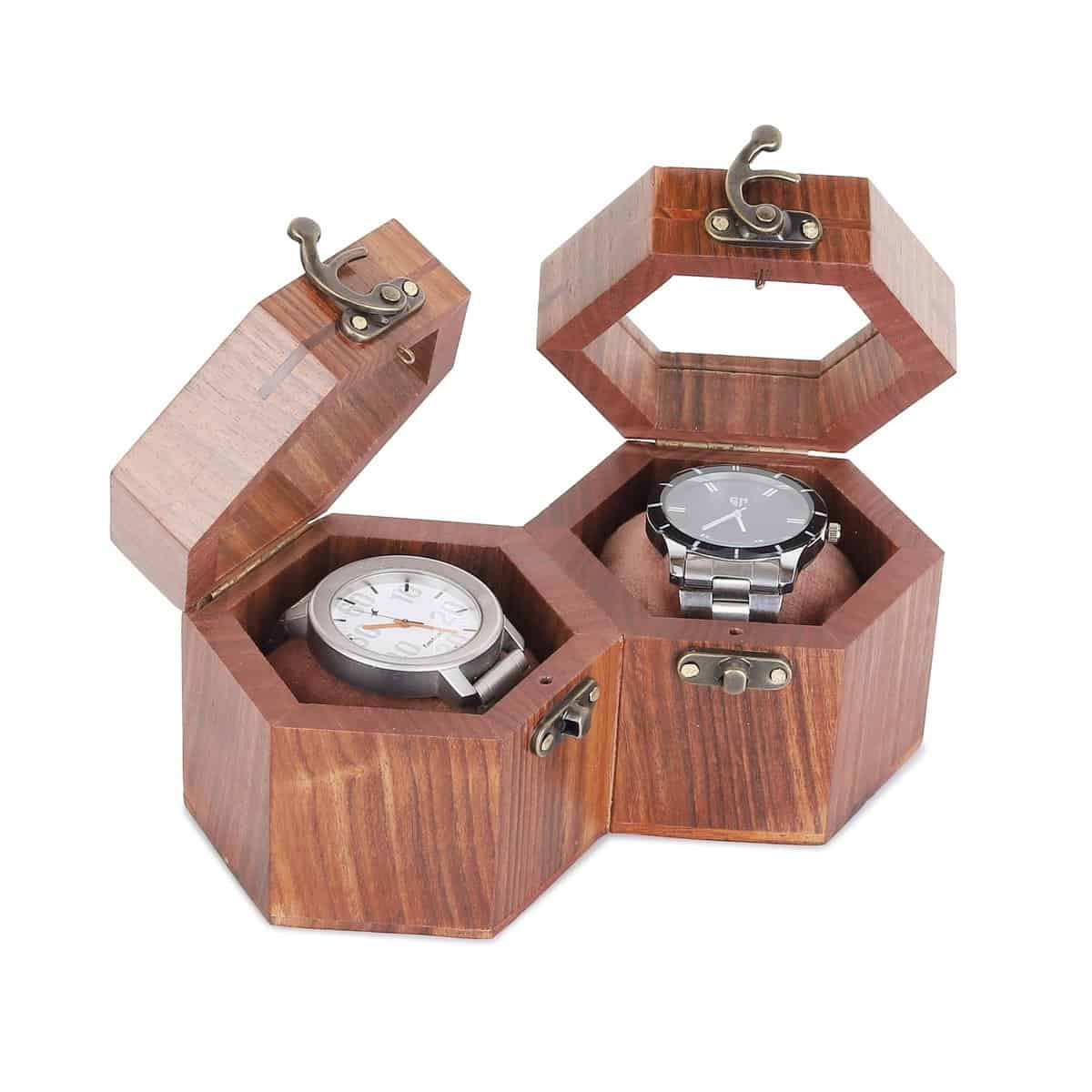 Royal Craft Expertise Anniversary Valentine Gift For Husband Wife Girlfriend Boyfriend, Honeycomb 2 Slot Watch Box For Men Women, Handmade Wooden Watch Box Organizer Dislay Case For Gift.