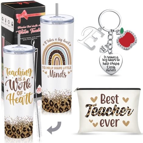 Gerrii offers a unique personalized gift set for female teachers: an initial keychain, a leopard print makeup bag, and a skinny tumbler.