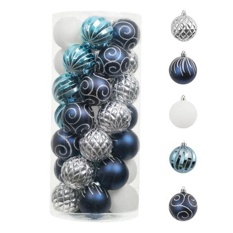 Valery Madelyn’s Blue Silver Christmas Ball Ornaments give your tree a festive touch, with 35 in a pack.