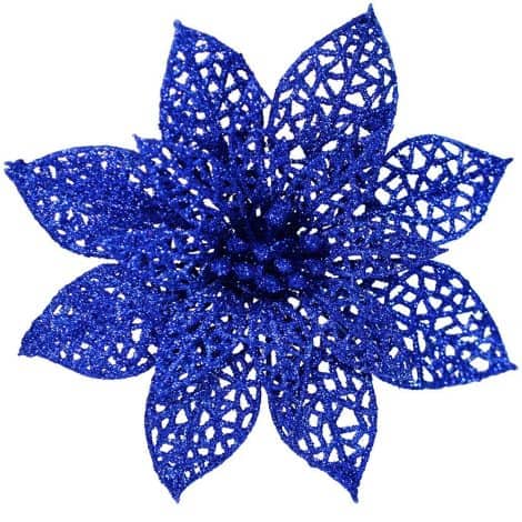 Blue Glitter Poinsettia Flowers Picks for Blue Christmas Tree, Wreaths, and Garland. Perfect for weddings and holidays.