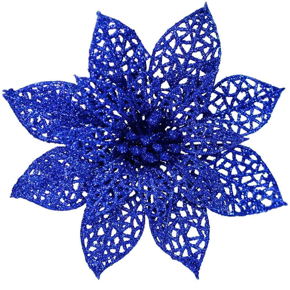 Supla 24 Pack Christmas Blue Glitter Poinsettia Flowers Picks Christmas Tree Ornaments 5.9" Wide for Blue Christmas Tree Wreaths Garland Holiday Seasonal Wedding Decorations White Gift Box Included