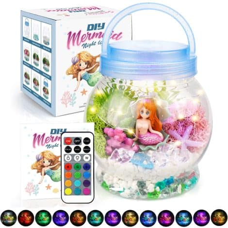 Get the Kids Mermaid Terrarium Kit with Lights for Girls Age 4-12, perfect as a birthday gift or bedroom decor.