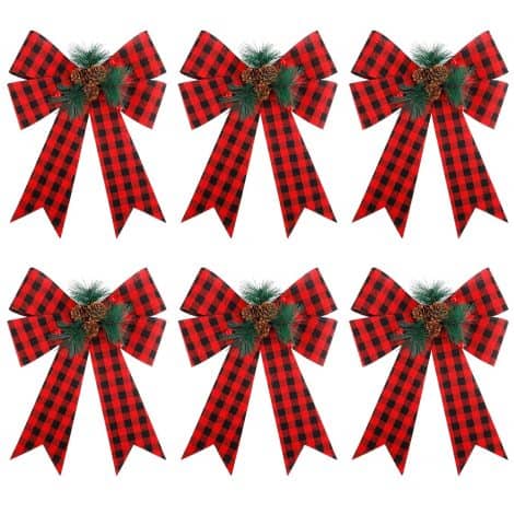 6 Pack of Waterproof Holiday Decorative Bows with Pinecone for Wreath Garland and Christmas Tree.