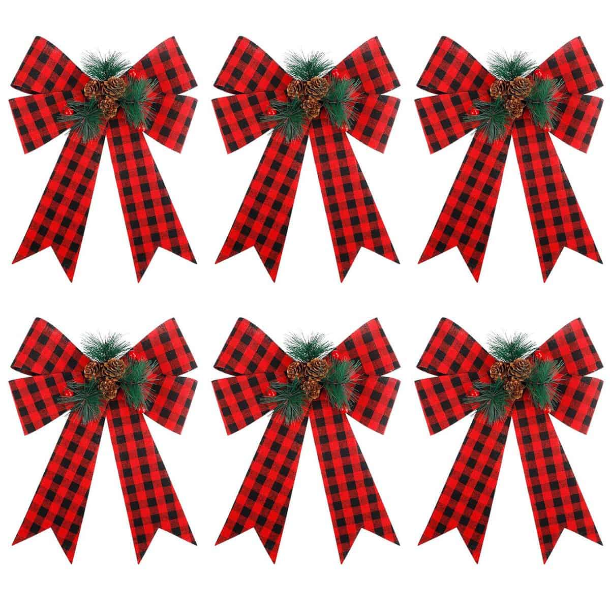 FUNARTY Christmas Red Buffalo Plaid Bows 9 x 12-Inch Waterproof Holiday Decorative Bows Ornaments with Pinecone for Wreath Garland Treetopper Christmas Tree Decorations, 6 Pack