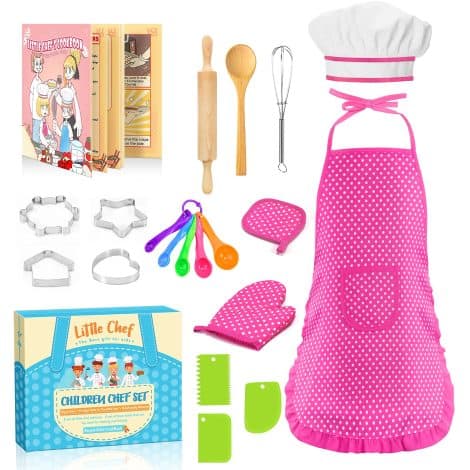 Toyze Gifts for Girls aged 3-8 years. Includes apron, chef hat, and cooking set. 20Pcs in pink with cookbook.