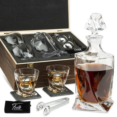 Whiskey Lovers’ Gift Set – Includes Whiskey Decanter, Glasses, Cooling Stones, Coasters, Tongs, and Pouch.