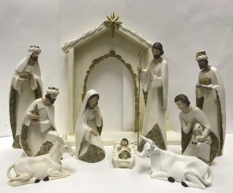 New 10-piece Roman Ivory and Gold Christmas Nativity Set, perfect for Indian holiday decoration, item 31379.