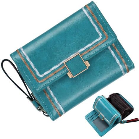 Teal Retro GSG Compact Wallet for Women, Blocks RFID, Leather Bifold with Zippered Coin Pocket.