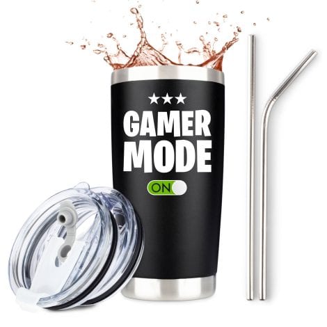 Gifts for Indian gamers: “Activate Gamer Mode” steel tumbler, perfect for coffee or cold drinks, with lid and straws. Ideal Father’s Day or gaming gifts! Mug for boys or women.