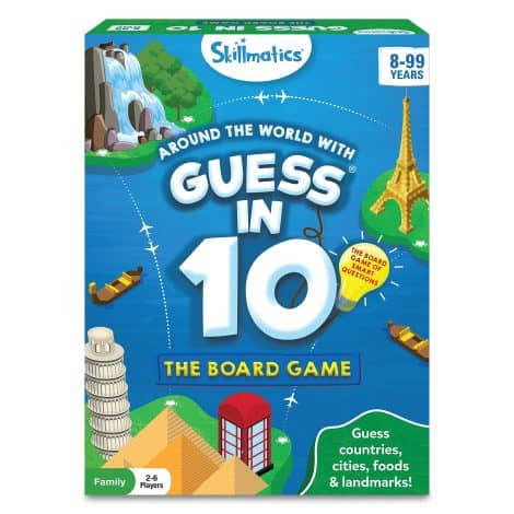 Skillmatics Family Card & Board Game – Guess In 10 Around The World, an ideal gift for kids aged 8 and above. Playtime 30 mins, 2-6 players.