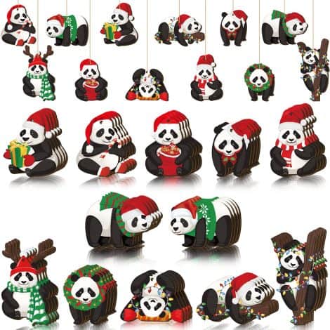 Panda Christmas Decorations: 48 Pieces of Wooden Panda Ornaments with Ropes for Home, Tree, Window, and Car.