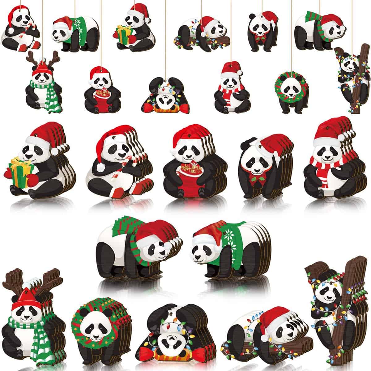 48 Pieces Christmas Panda Ornament Xmas Wood Hanging Decoration Panda Christmas Pendant Christmas Wood Cutouts with Ropes Panda Ornaments for Christmas Tree Living Room Home Window Outdoor Car