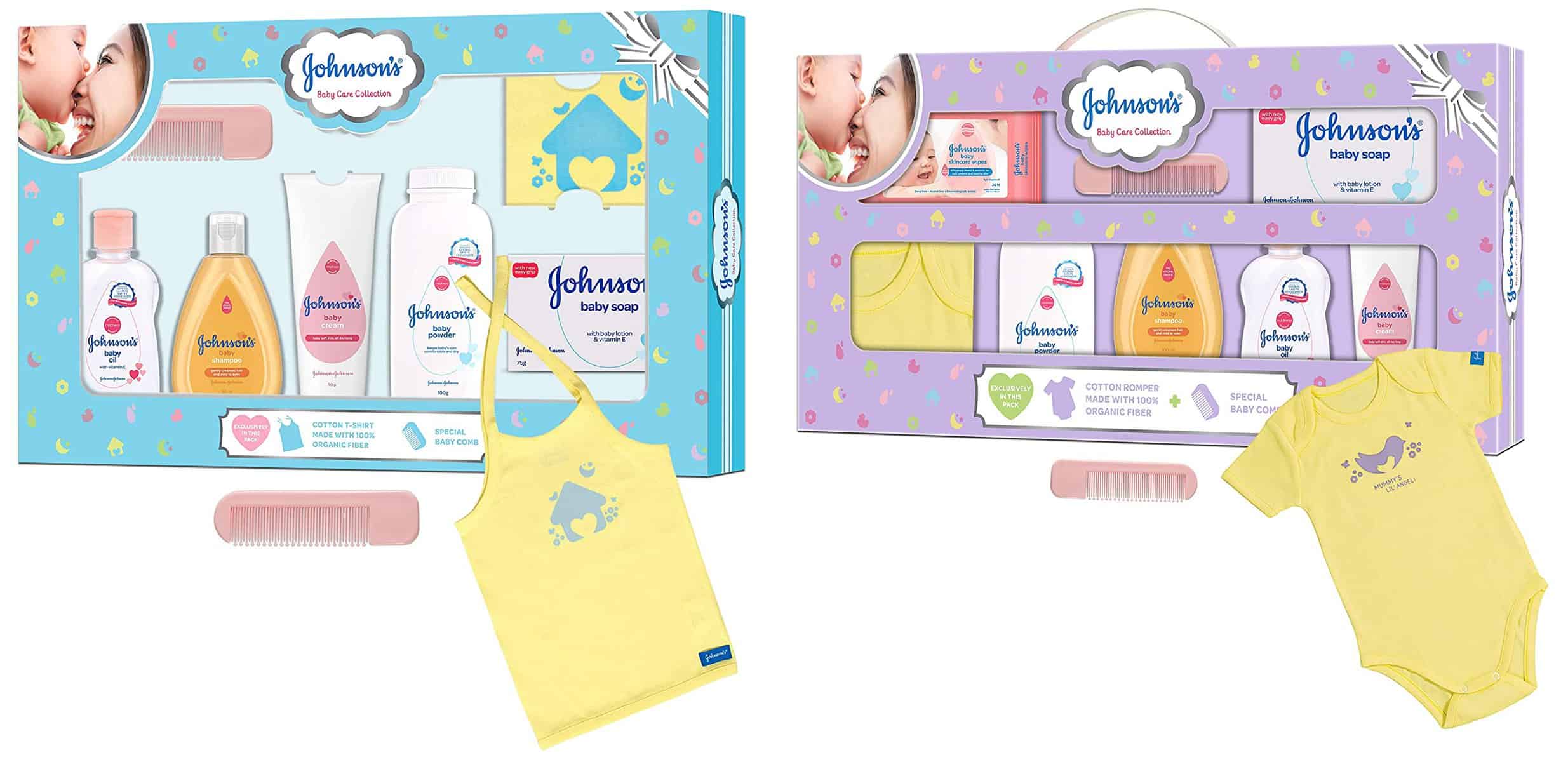 Johnson's Baby Care Collection Baby Gift Set with Organic Cotton Baby Dress (8 Pieces) & Baby Care Collection Baby Gift Set with Organic Cotton Baby T-Shirt (7 Pieces) Combo