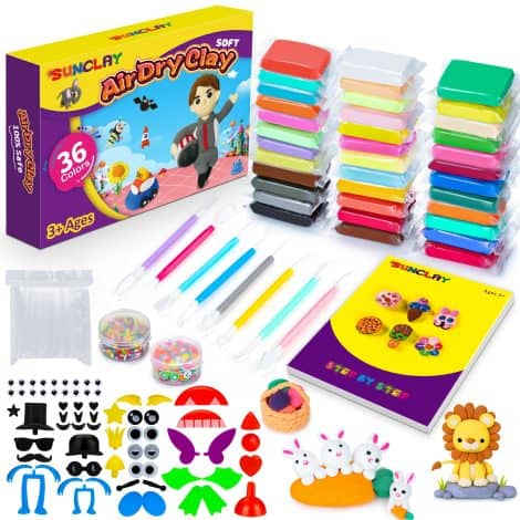 SUNCLAY Air Dry Clay comes with 36 colors, a project booklet, tools, and accessories for kids’ arts and crafts. Suitable for ages 3-12.