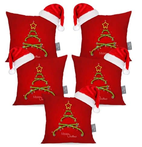 TIED RIBBONS Festive Satin Cushion Covers Pack (16 X 16 Inch) with 5 Christmas Home Decorations