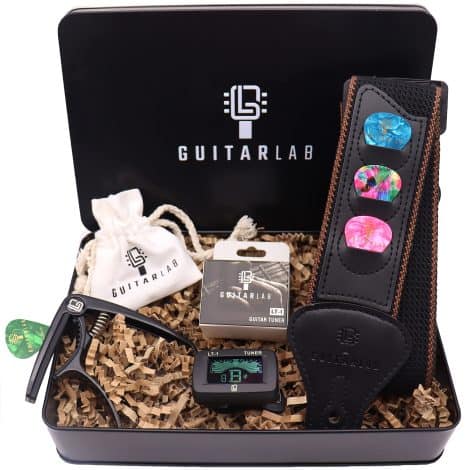 Guitar Lab Guitar Accessories Kit – High-quality metal tin with Guitar Strap, Capo, Tuner, Picks – Perfect gift for Indian Guitarists.