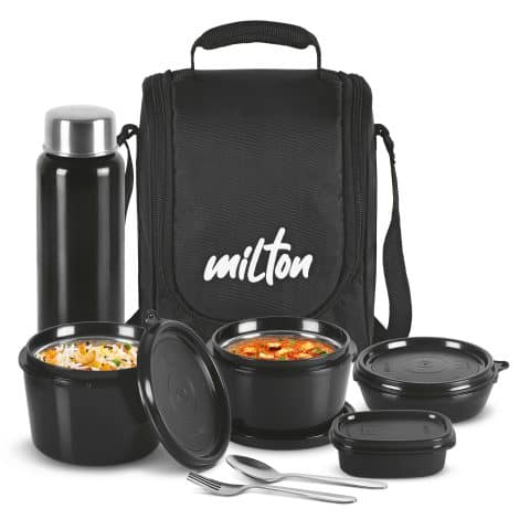 Milton Pro Lunch Tiffin with Stainless Steel Containers, Chutney Dabba, Aqua Bottle, Spoon, Fork, and Jacket.