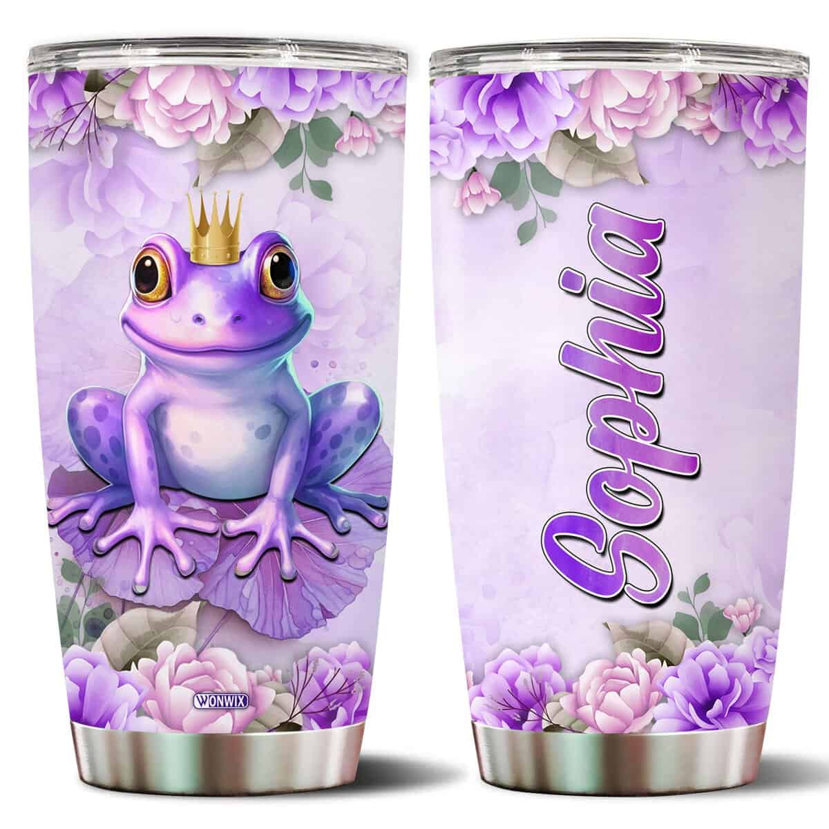 WONWIX Personalized Frog Tumbler Frogs Gifts Customized Name Mug Water Bottle Cute Kawaii Purple Birthday Christmas Valentine Gift For Women Ideas 20oz Insulated Stainless Steel Coffee Cup With Lid