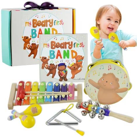 Gift set of musical instruments for toddler girls and boys, with storybook and wooden percussion toys.