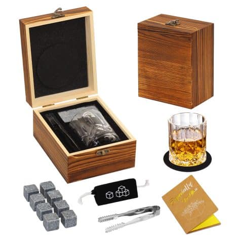 Gift set for whiskey lovers with 8 natural whisky stones, 1 crystal whisky glass, and a blessing card in a beautiful wooden box. Perfect for whisky, scotch, and bourbon enthusiasts.