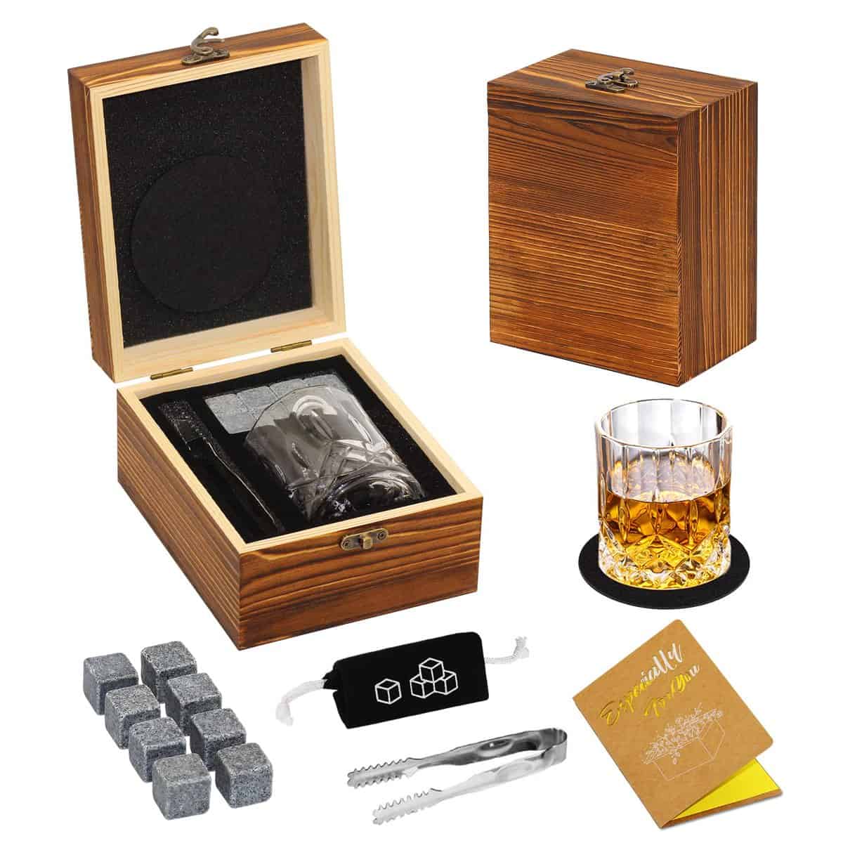 Whiskey Stones and Whiskey Glass Gift Set, DIOXADOP 8 Natural Whisky Stones 1 Crystal Whisky Glasses with Blessing Card in a Exquisite Wooden Box, Prepare a Gift for a Whisky Scotch Bourbon Lover