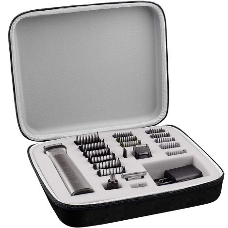 Storage box for Philips Norelco Multigroom Series 7000 with trimmer accessories, holds 18 attachments.