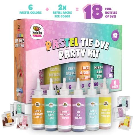 Pastel Tie Dye Kit – Design Colorful Custom Clothes with 6 Dye Bottles and 12 Refills. Perfect for 10-year-old girls!