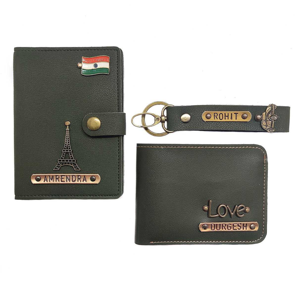 The Bling Stores Presents Travel The World Leather with Unique Charms | Customize Passport Cover Combo with Wallet and Key Chain Holder for Men and Women | Rakhi Gift Hamper (Green)